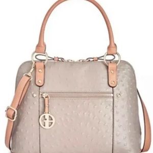 NWT Giani Bernini Ostrich Embossed Dome Satchel Pocketbook Putty/Gold